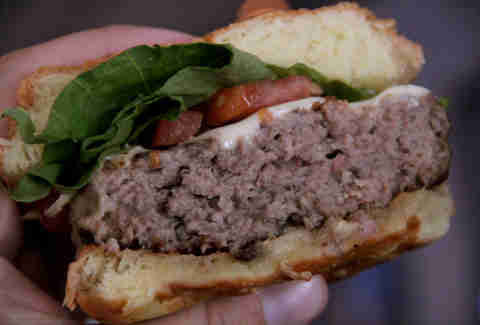 Cut shot of Nick's Roast Beef's Ground Bacon Burger