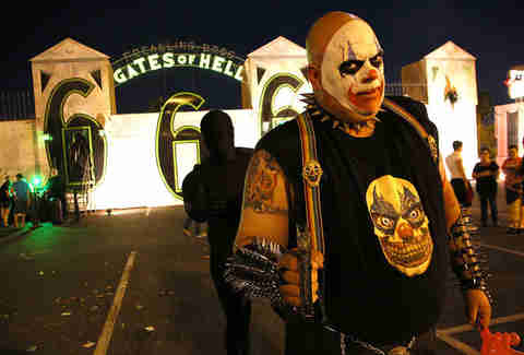 Menacing clown at the gates of hell