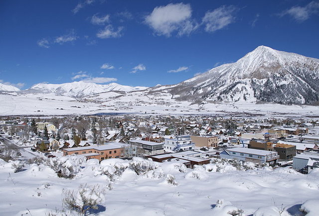 Aerial shot of town in the snow