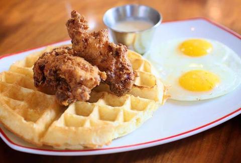 Chicken, waffles, and eggs