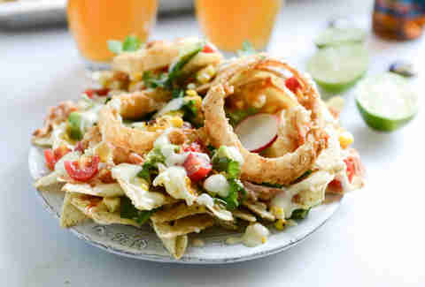 BBQ chicken nachos with buttermilk onion rings