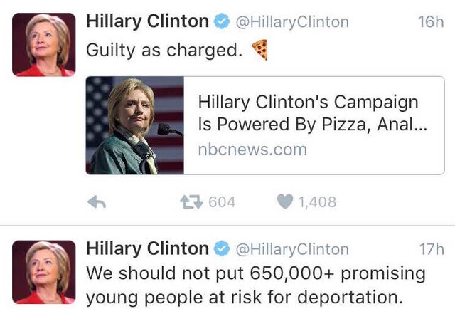 [Image: hillary-clinton-s-campaign-runs-on-pizza-and-anal]