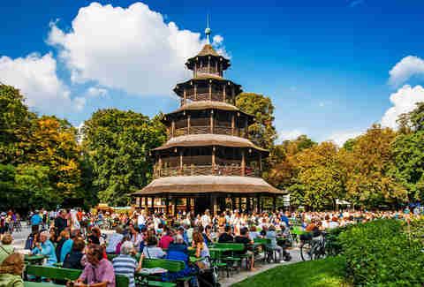 Biergarten by the Chinese Tower in the English Garden in Munich, Germany