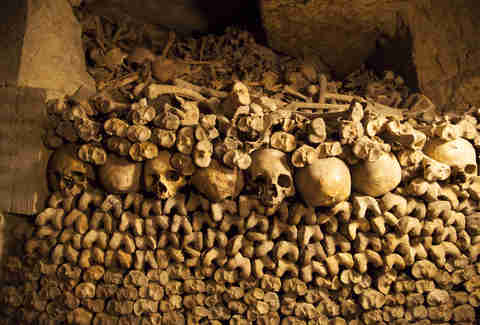 Catacombs filled with skulls and bones in Paris, France