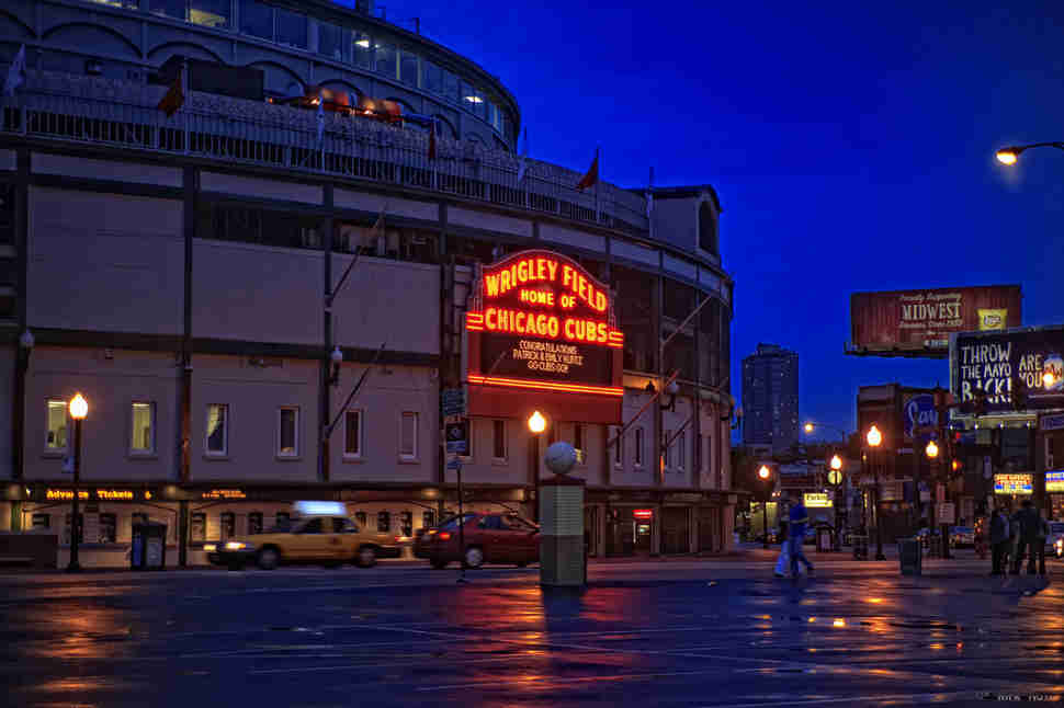 Chicago Cubs Wrigley Field stadium at night