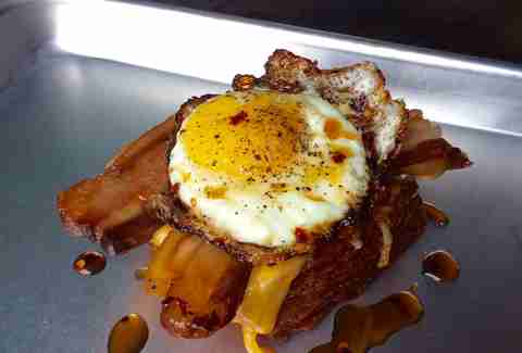 egg, bacon, toast and cheese at hunnymilk