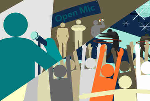 Jason Hoffman illustration of people at open mic and different event hula hooping