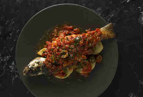 Barbacco fish red sauce