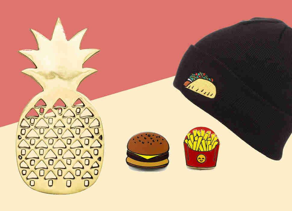 Taco beanie, pineapple trivet, and burger & fries pins