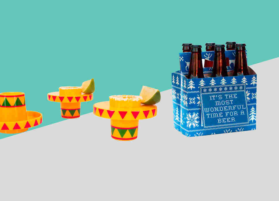 six-pack greeting card and sombrero shot glasses
