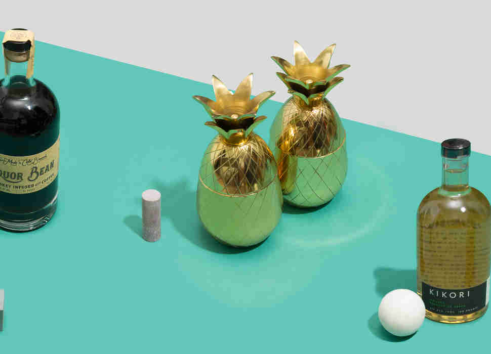 Coffee whisky, whisky stones, pineapple tumblers, Kikori whisky