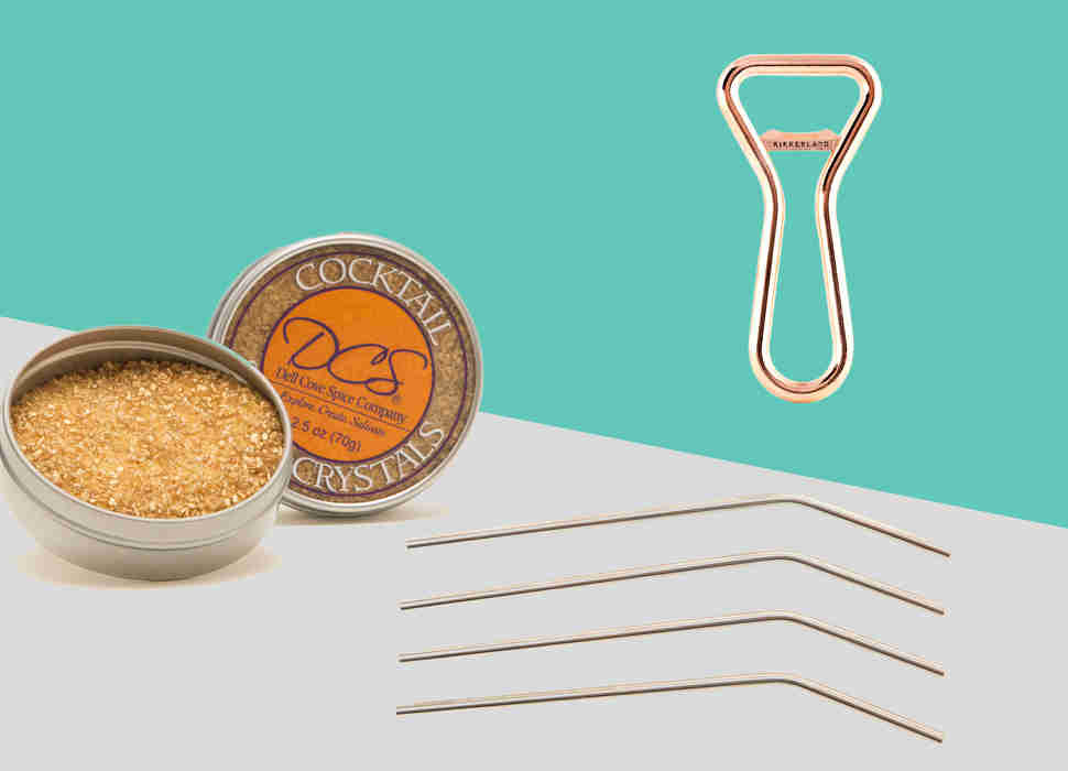 Metal straws, gold cocktail sugar, and copper bottle opener
