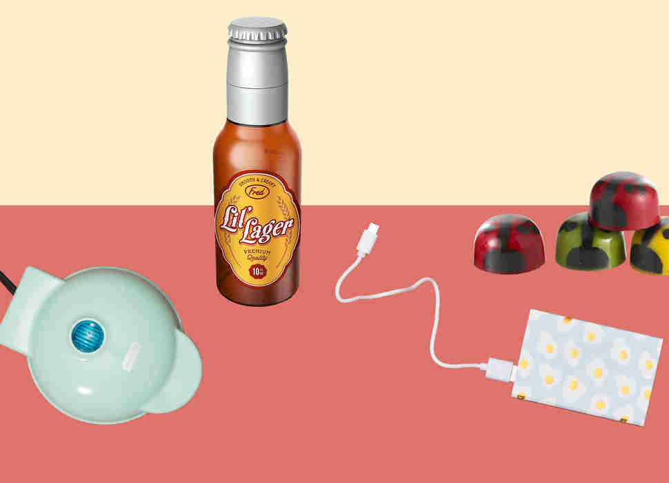 Mini-waffle maker, portable phone charger, ladybug chocolates, Lil' Lager baby bottle
