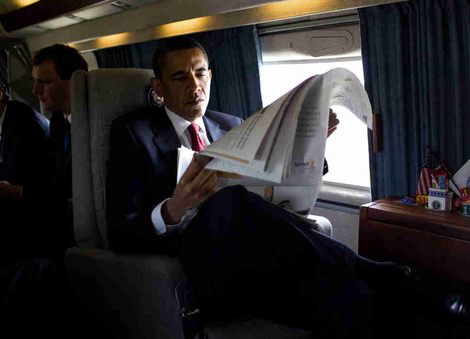 President Obama riding Marine One with presidential M&Ms to his side