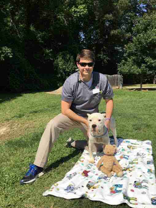 Rescue dog with teddy and blanket