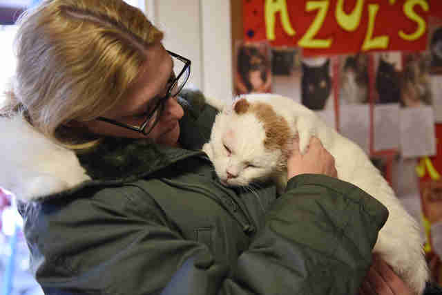 Woman holding cat in her arms