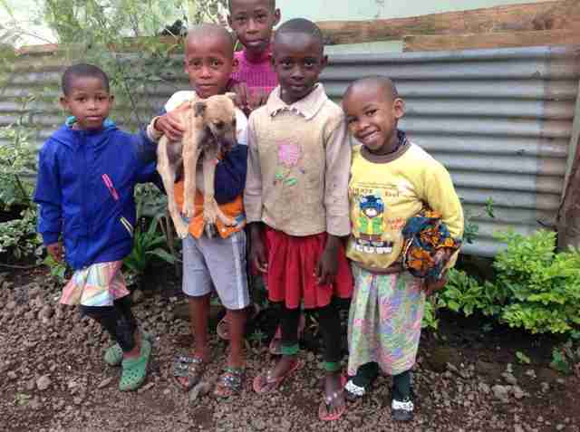 Children holding stray puppy