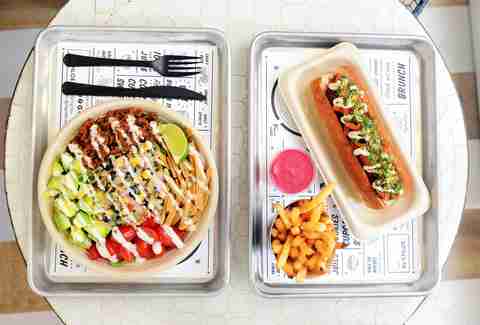 By Chloe’s taco salad and vegan “meatball” sub.