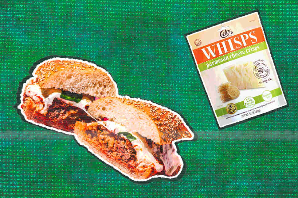 meatball sub and parmesan cheese whisps