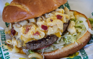 This burger has bacon mac 'n cheese on it. Yep.