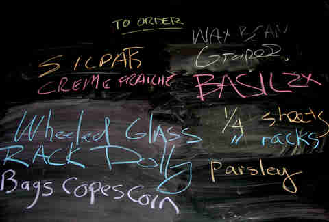 A shopping list on the kitchen wall at Stephen Starr's Serpico on South St