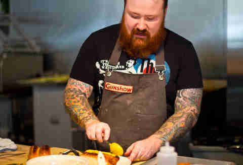 Kevin Gillespie making a hot dog