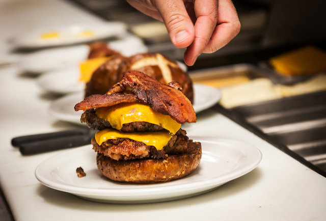 Strip of bacon on the 'Merica Burger at Slater's 50/50 in San Diego.-This 'Merica Burger is basically 100% made of bacon