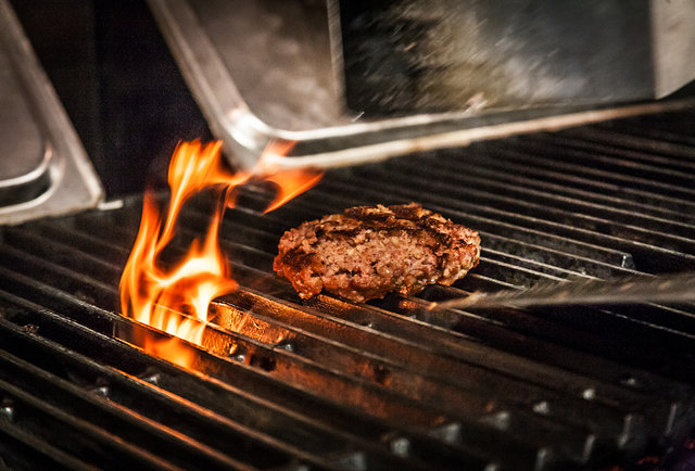 100% bacon patty on the grill at Slater's 50/50 in San Diego.-This 'Merica Burger is basically 100% made of bacon