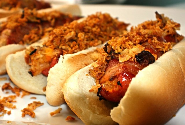 Nick Loeb's Onion Crunchy, Bacon-Wrapped Hot Dogs