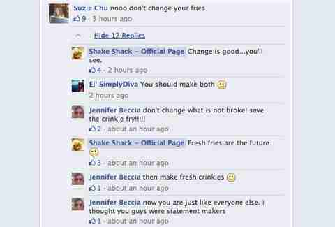 Shake Shack fresh fries Facebook outcry