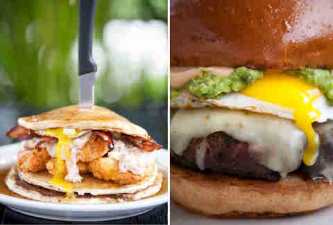 Fried Chicken Pancakes and the 50/50 Burger at Slater's 50/50 at Liberty Station San Diego.