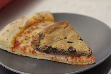 Papa John's mega chocolate chip cookie and pizza slices