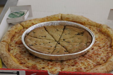 Papa John's mega chocolate chip cookie on pizza