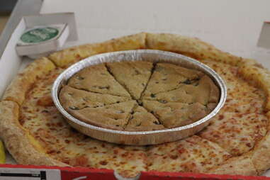 Papa John's mega chocolate chip cookie on pizza