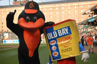 Old Bay mascot at Camden Yards with Oriole Bird
