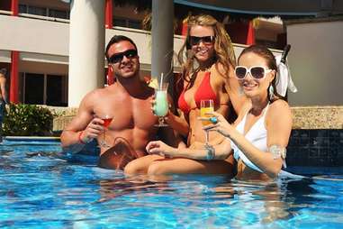 Three people in hot tub