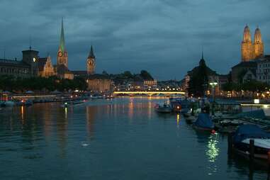 Zurich buildings on the water at night