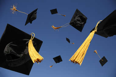 Graduation caps flying