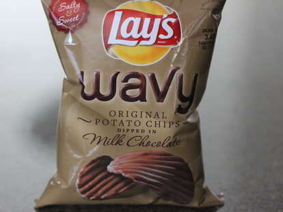 Lay's wavy potato chips dipped in milk chocolate