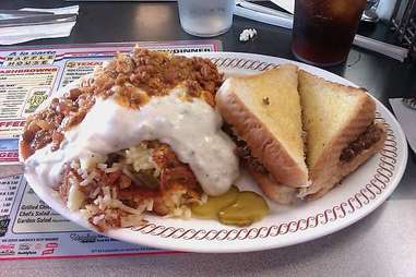 Smothered covered capped peppered topped Waffle House
