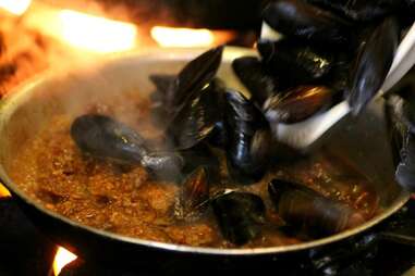 Sausage, Beer & Blue Cheese Mussels