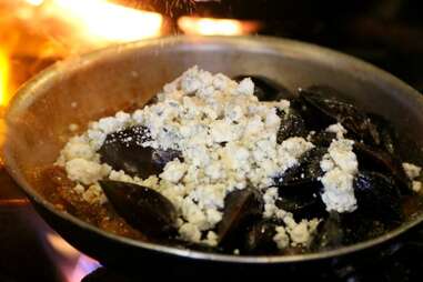 Sausage, Beer & Blue Cheese Mussels