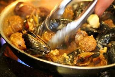 Sausage, Beer & Blue Cheese Mussels