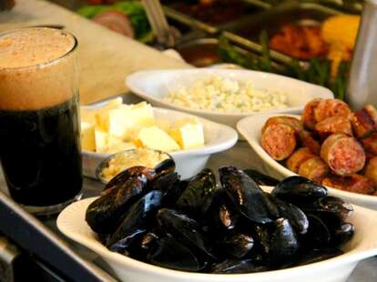 Sausage, Beer & Blue Cheese Mussels