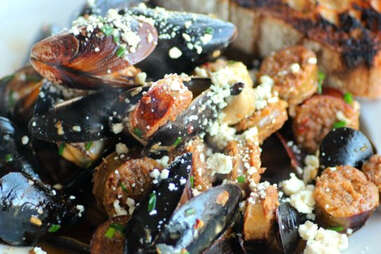 Sausage, Beer & Blue Cheese Mussels