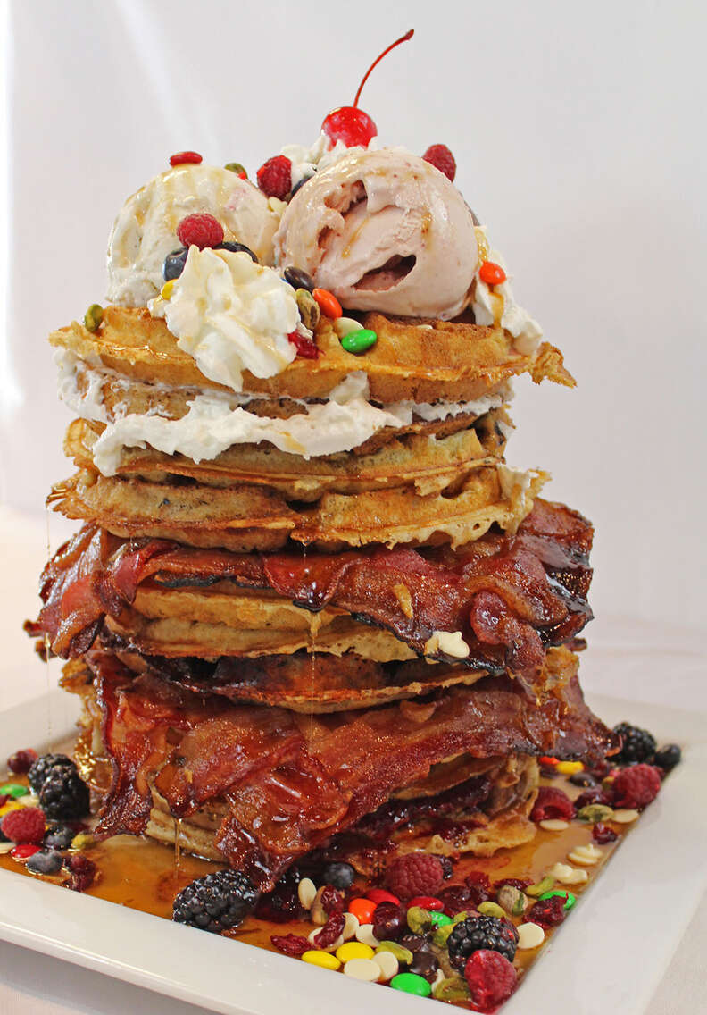 Bacon and ice cream waffle tower full view
