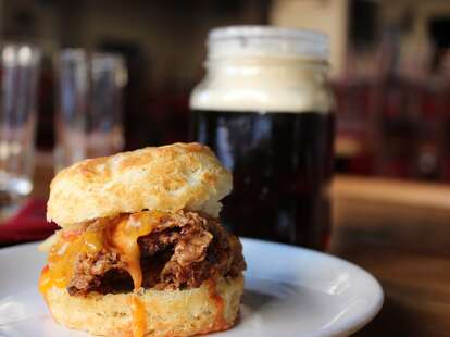 biscuit sandwich and beer at Percy Street Barbecue philadelphia