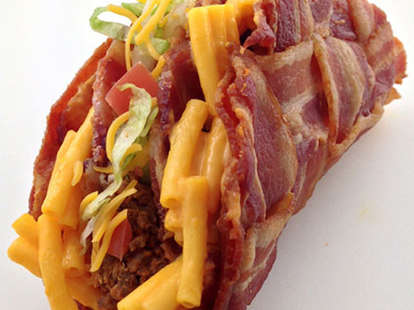 Double decker mac 'n cheese-stuffed bacon weave taco
