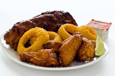 Wings, meat, and onion rings