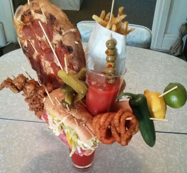 Bloody Mary with pizza, burgers, footlong sub